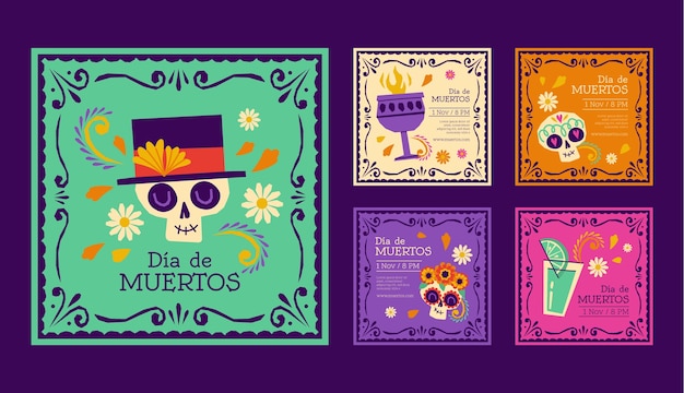 Vettore gratuito celebrazione del dia de muertos della raccolta di post instagram piatti