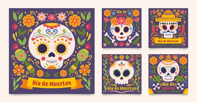 Flat instagram posts collection for dia de muertos celebration