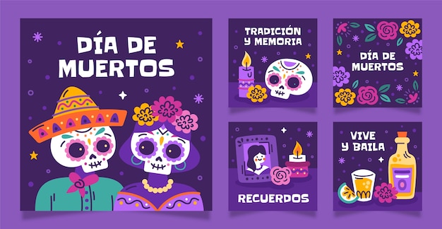 dia de muertos 축하를 위한 플랫 인스타그램 게시물 모음