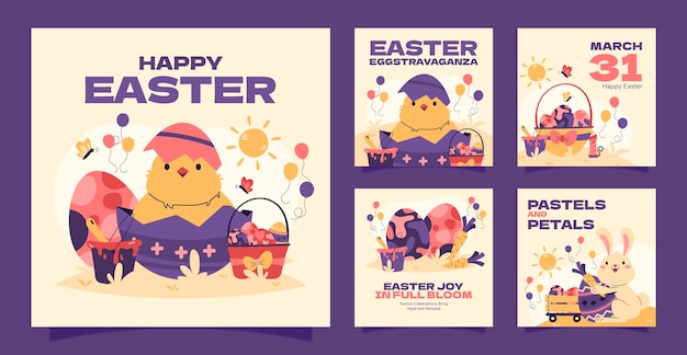 Free vector flat instagram posts collection for easter holiday