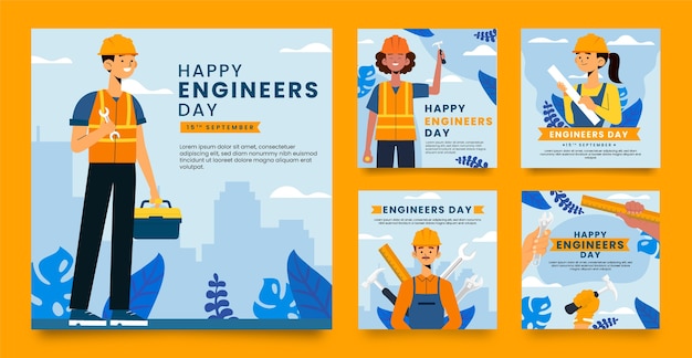 Flat instagram posts collection for engineers day celebration