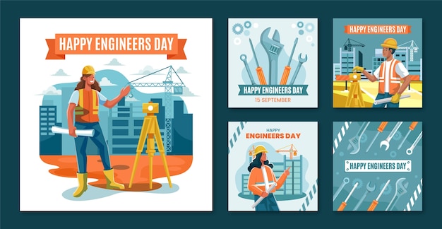 Free vector flat instagram posts collection for engineers day celebration