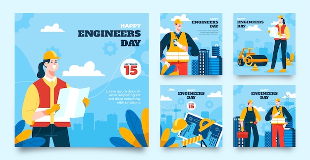 Flat instagram posts collection for engineers day