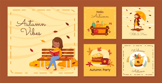 Free vector flat instagram posts collection for fall season celebration