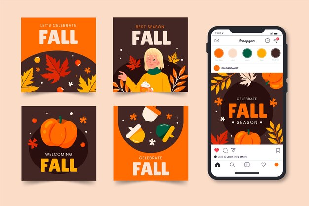 秋の季節のお祝いのためのフラットな Instagram 投稿コレクション