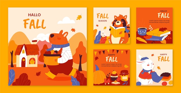 Flat instagram posts collection for fall season celebration