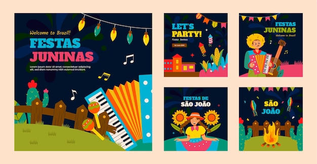 Плоская коллекция постов в instagram для празднования бразильских фестивалей festas juninas