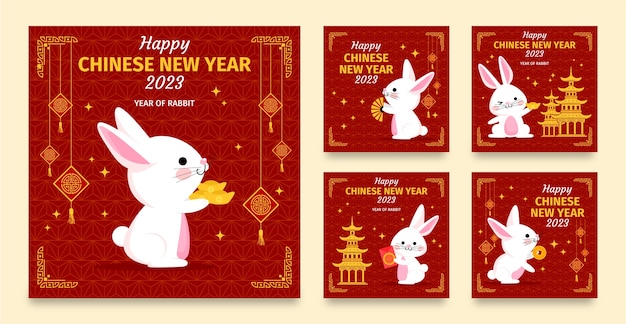 무료 벡터 중국 새해 축하를 위한 플랫 인스타그램 게시물 컬렉션