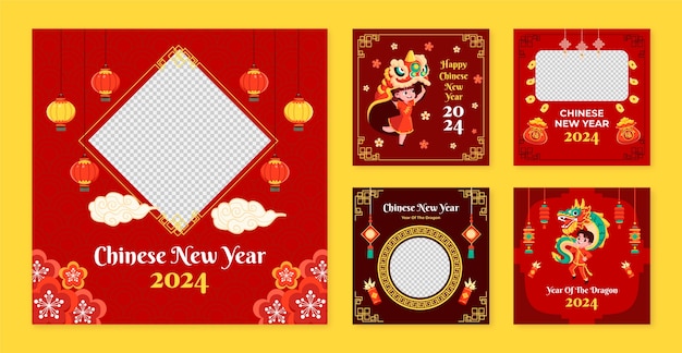 無料ベクター 中国の新年祝賀のためのフラットインスタグラムポストコレクション