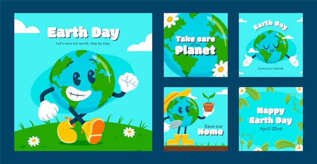 無料ベクター 地球の日のお祝いのためのフラットinstagram投稿コレクション