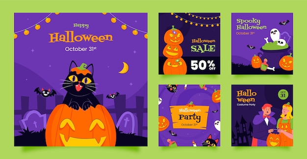 無料ベクター ハロウィーンシーズンのフラットなインスタグラム投稿コレクション