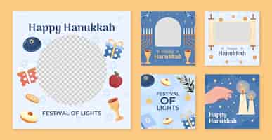 무료 벡터 손으로 촛불을 켜는 하누카 축하를 위한 플랫 인스타그램 게시물 컬렉션