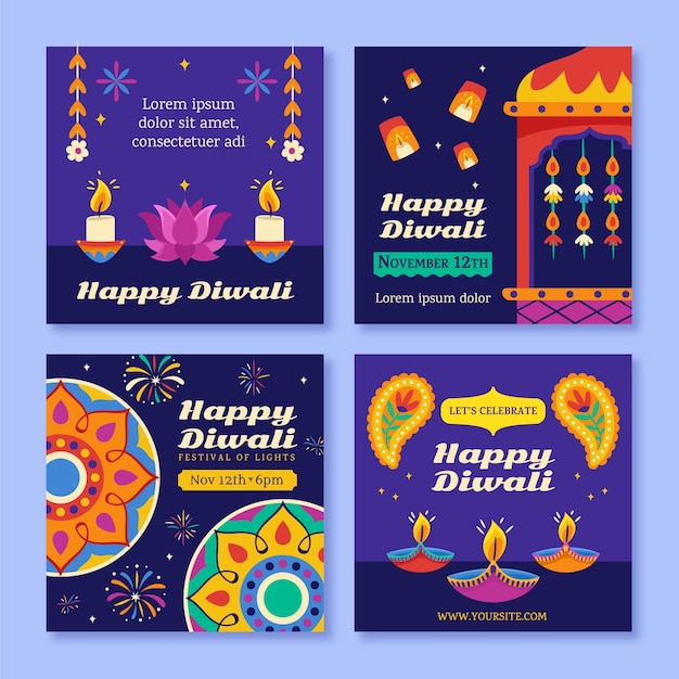 무료 벡터 힌두 디왈리 축제 축하를 위한 플랫 인스타그램 게시물 컬렉션
