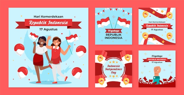 Бесплатное векторное изображение Плоская коллекция постов в instagram для празднования дня независимости индонезии