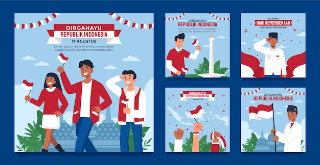 무료 벡터 인도네시아 독립 기념일 축하를 위한 플랫 인스타그램 게시물 모음