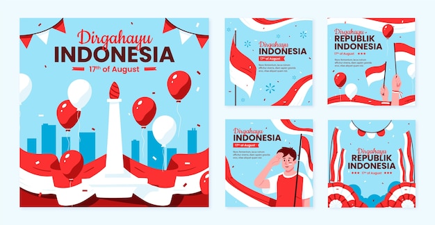 無料ベクター インドネシア独立記念日のお祝いのためのフラットなインスタグラム投稿コレクション