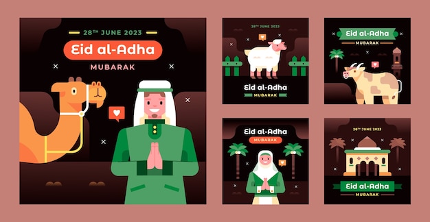 무료 벡터 이슬람 eid al-adha 축하를 위한 플랫 인스타그램 게시물 모음