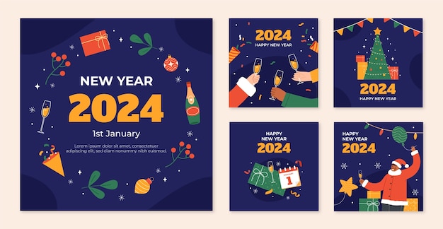 無料ベクター 2024 年の新年のお祝いのためのフラットな instagram 投稿コレクション