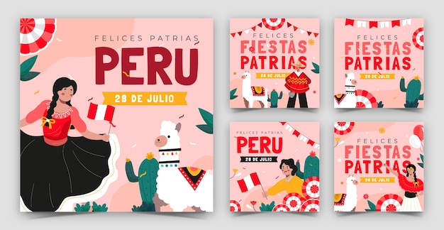 Плоская коллекция постов в instagram для празднования перуанских праздников patrias