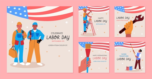 Бесплатное векторное изображение Плоская коллекция постов в instagram для празднования дня труда сша