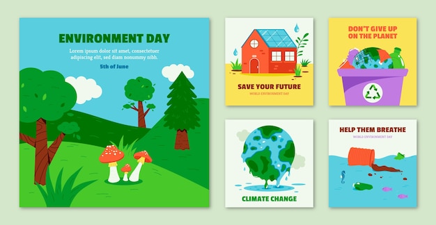Бесплатное векторное изображение Плоская коллекция постов в instagram для празднования всемирного дня окружающей среды