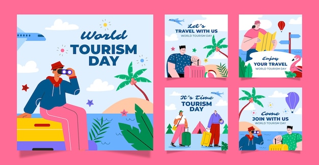 Бесплатное векторное изображение Коллекция пластмассовых постов в instagram для празднования всемирного дня туризма
