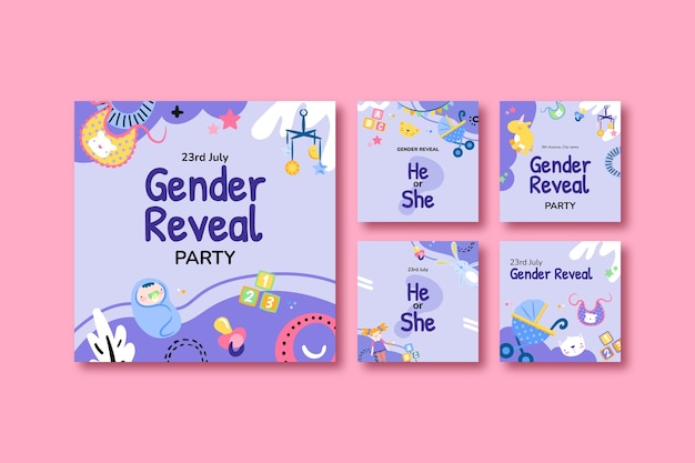 Free vector flat instagram posts collection for gender reveal party