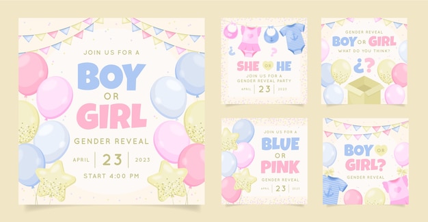 Free vector flat instagram posts collection for gender reveal party