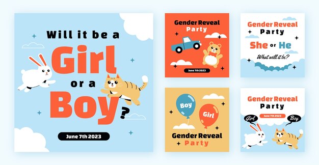 Flat instagram posts collection for gender reveal party