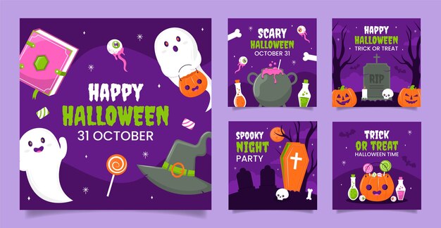 Плоская коллекция постов в Инстаграме для празднования Хэллоуина