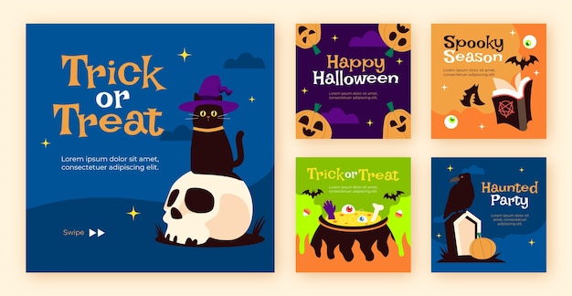 Flat instagram posts collection for halloween celebration