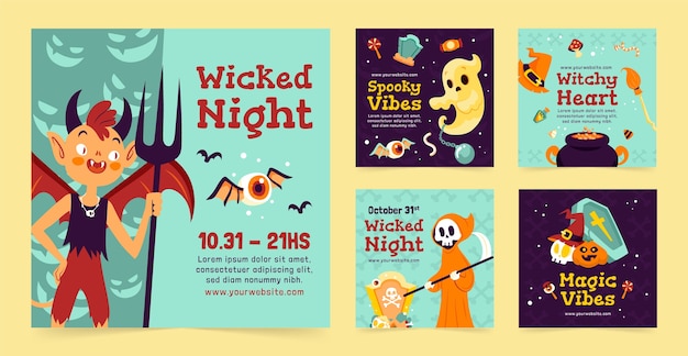 Free vector flat instagram posts collection for halloween celebration