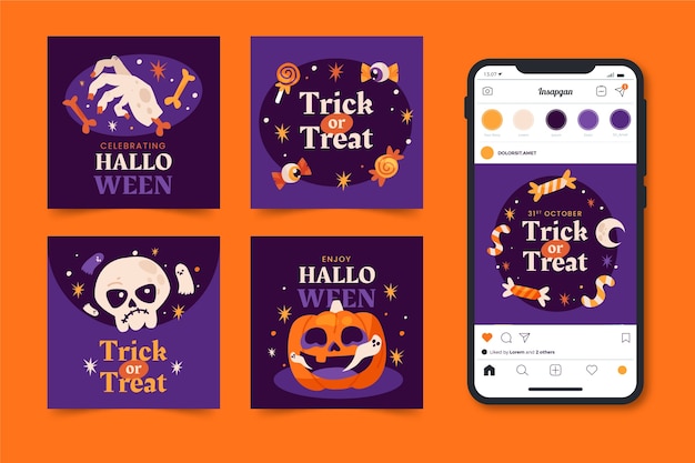 Flat instagram posts collection for halloween celebration