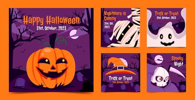 Flat instagram posts collection for halloween celebration