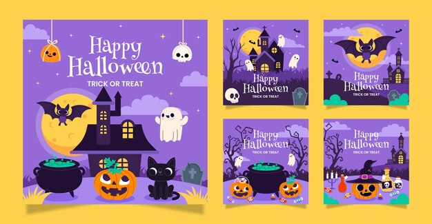Плоская коллекция постов в instagram для празднования сезона хэллоуина