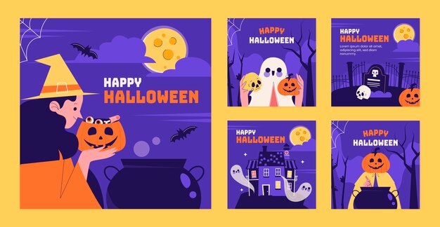 Flat instagram posts collection for halloween season celebration