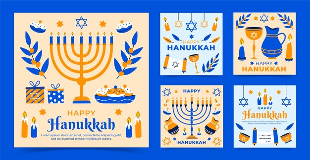 Vettore gratuito raccolta di post piatti su instagram per la celebrazione di hanukkah