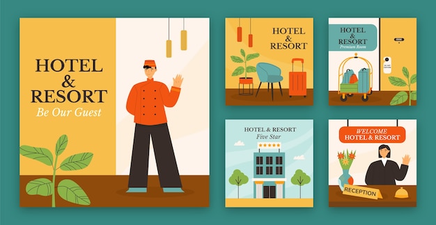 Free vector flat instagram posts collection for hotel accommodation