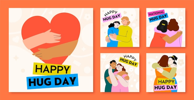 Flat instagram posts collection for hug day celebration