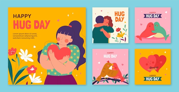 포옹의 날을 축하하기 위한 평평한 인스타그램 게시물 컬렉션