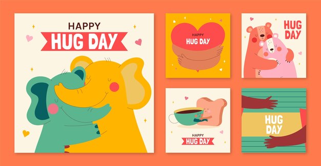 Flat instagram posts collection for hug day celebration