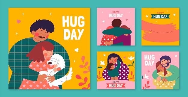 Flat instagram posts collection for hug day celebration