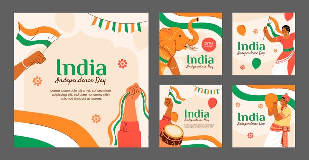 Плоская коллекция постов в instagram для празднования дня независимости индии