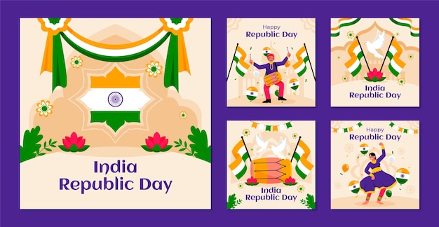 Vettore gratuito raccolta piatta di post su instagram per la festa del giorno della repubblica indiana