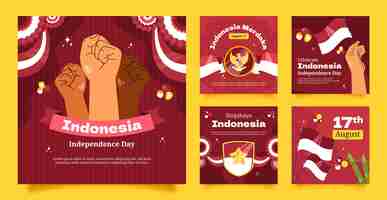 Free vector flat instagram posts collection for indonesia independence day celebration