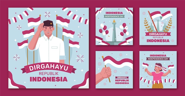 Free vector flat instagram posts collection for indonesia independence day celebration