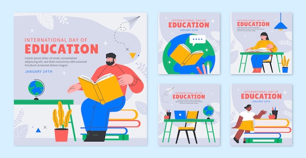 Flat instagram posts collection for international day of education event