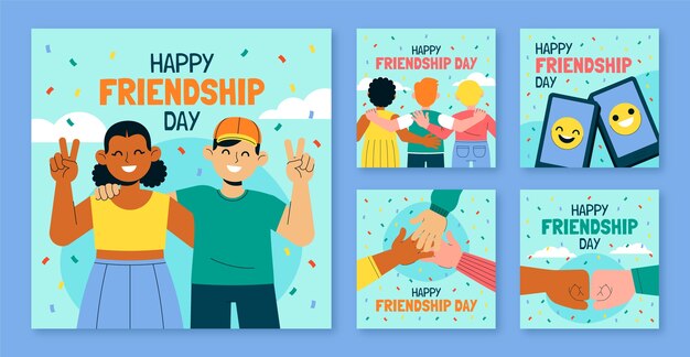 Flat instagram posts collection for international friendship day celebration
