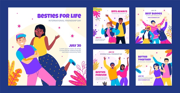 Flat instagram posts collection for international friendship day celebration