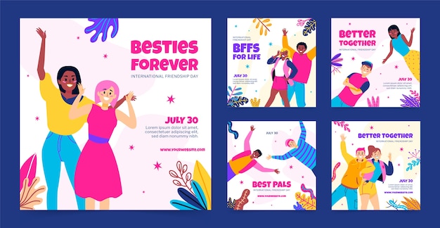 Free vector flat instagram posts collection for international friendship day celebration